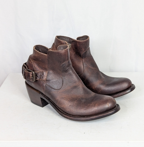 J.B. Dillon Distressed Brown Leather Side Zip Low Cowgirl Boots Booties - Picture 1 of 8